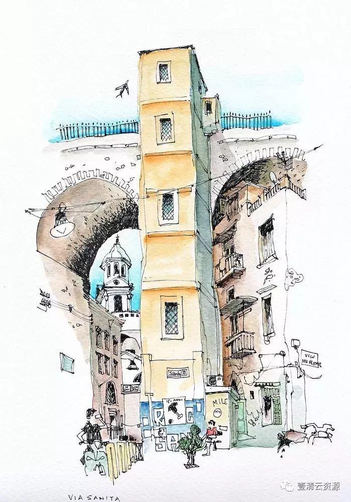 【S0092】【素材】225张建筑淡彩图集，超棒的绘画临摹素材