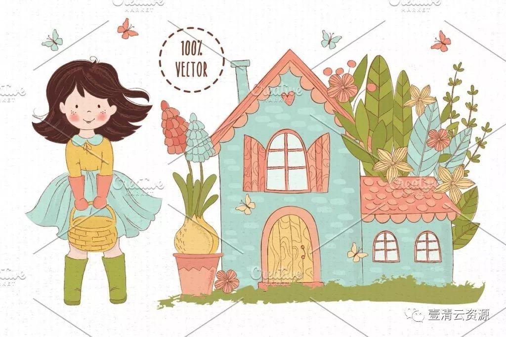 【S0129】【素材】手绘插画春天花园小女孩花卉矢量eps图集PNG设计素材源文件