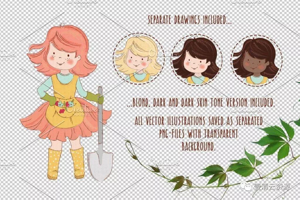 【S0129】【素材】手绘插画春天花园小女孩花卉矢量eps图集PNG设计素材源文件