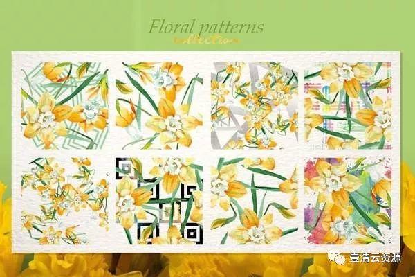 【S0130】【素材】手绘水彩黄色水彩水仙花环边框卡片贴纸背景PNG免抠PS素材