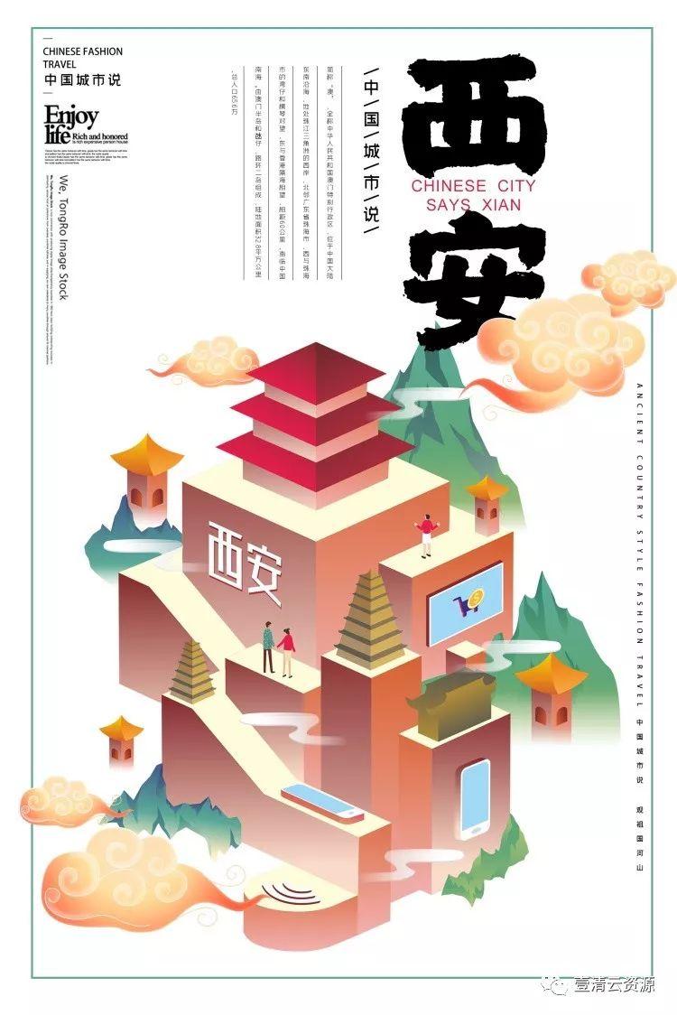 【S0240】【素材】古典景点古建筑中国风国潮城市海报插画扁平印象地标PSD设计素材