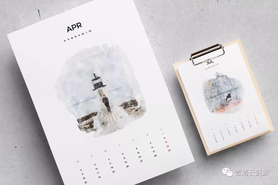 【S0293】【素材】水彩手绘插画设计风格2020日历表年历表设计模板