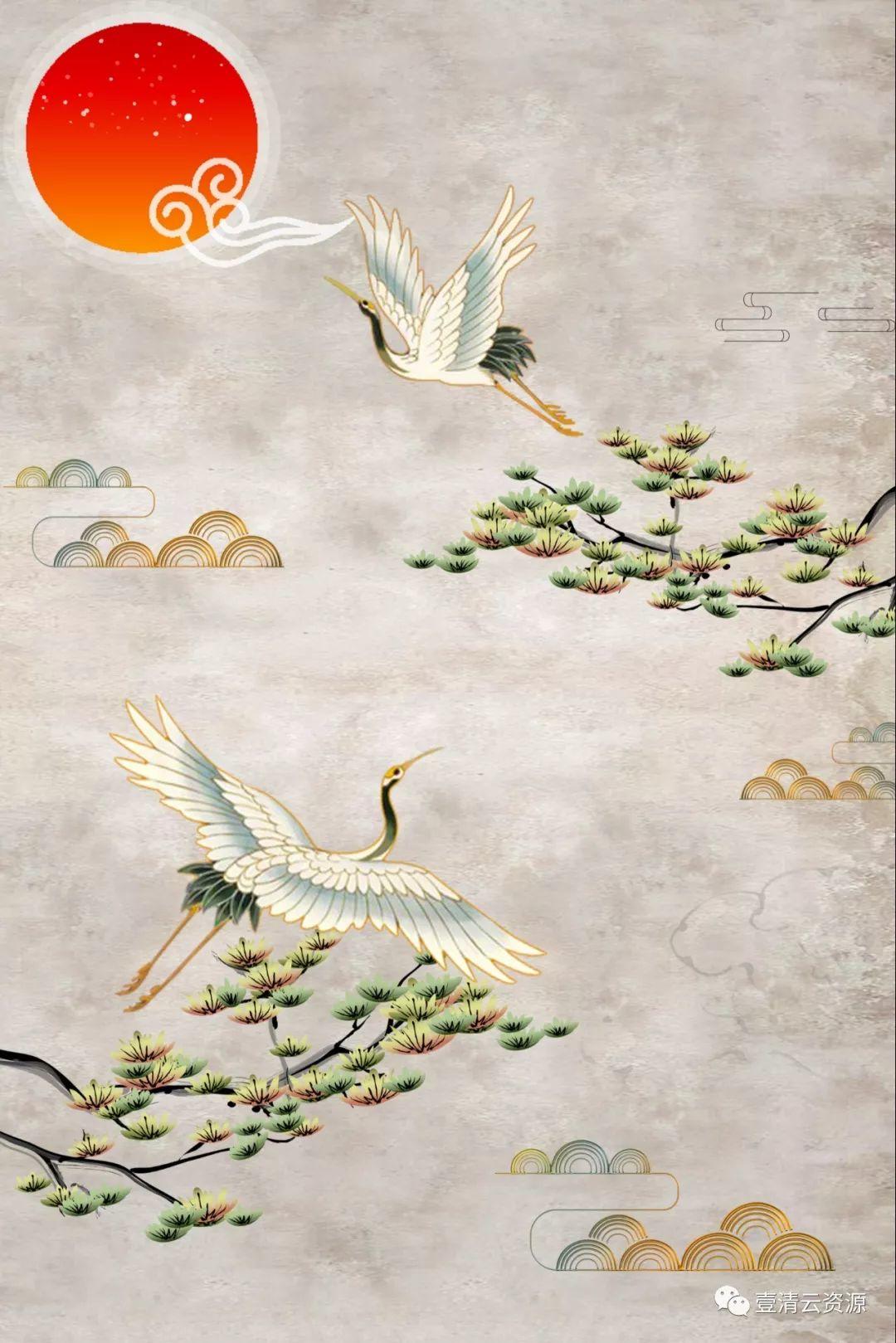 【S0306】【素材】日本和风图案古典花纹日式白鹤樱花锦鲤海报PSD设计素材