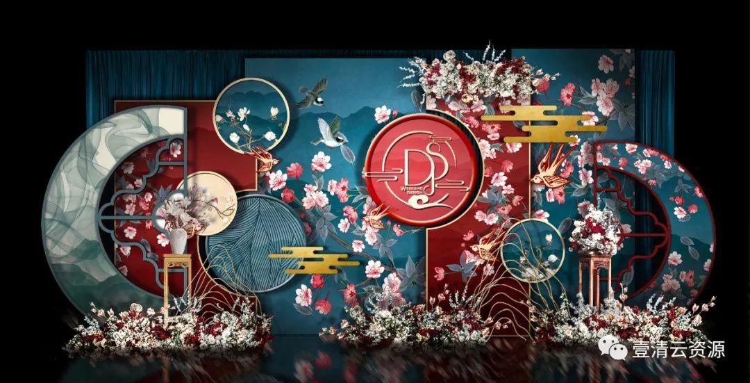【S0337】【素材】喷绘复古蓝色新中式设计(效果PSD+PSD喷绘+现场无水印参考图）