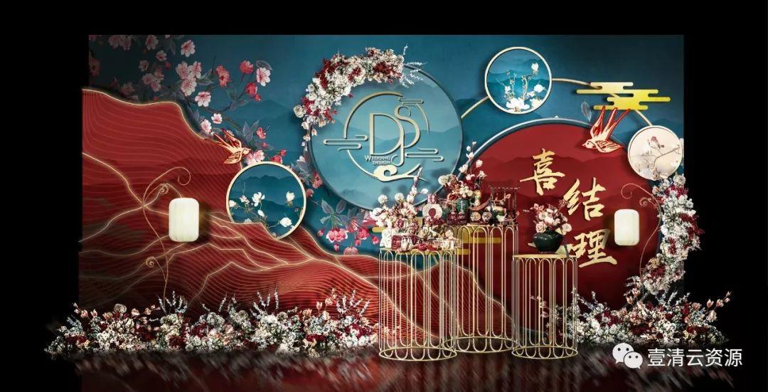 【S0337】【素材】喷绘复古蓝色新中式设计(效果PSD+PSD喷绘+现场无水印参考图）