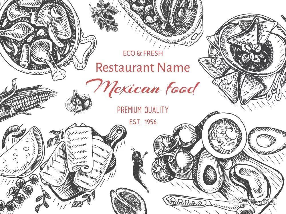 【S0348】手绘线稿插画食物食材蔬菜水果肉类海鲜背景菜单设计矢量图片素材