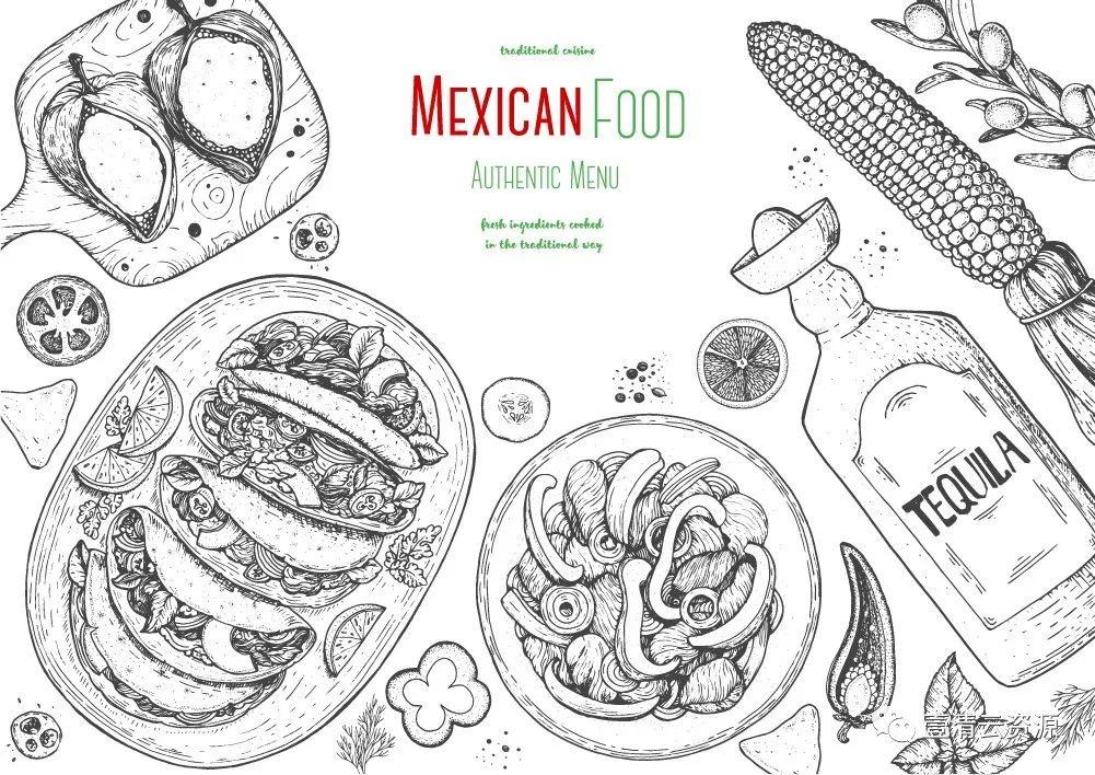 【S0348】手绘线稿插画食物食材蔬菜水果肉类海鲜背景菜单设计矢量图片素材