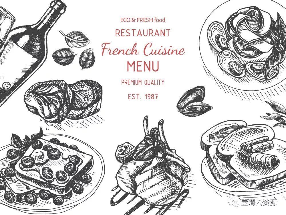 【S0348】手绘线稿插画食物食材蔬菜水果肉类海鲜背景菜单设计矢量图片素材