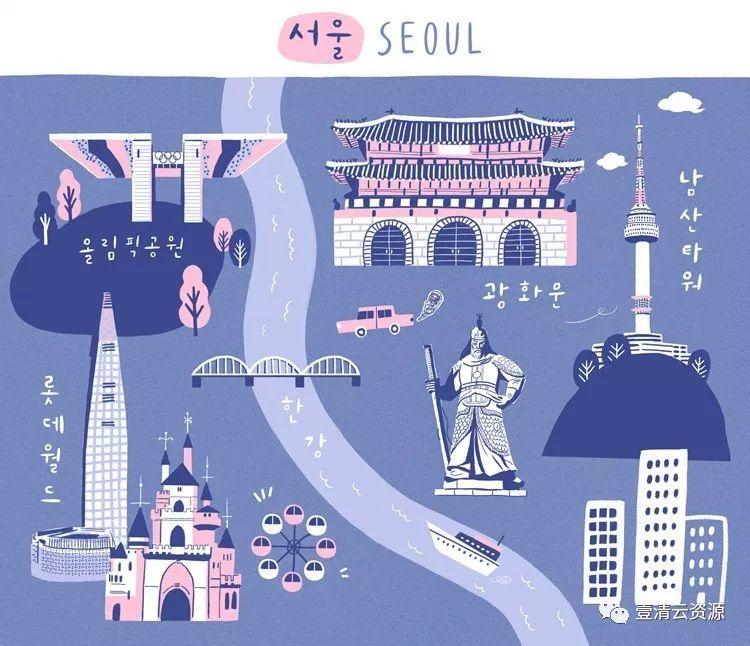 【S0426】【素材】韩国旅游首尔广州釜山济州岛景点手绘插画海报旅行地图PS设计素材