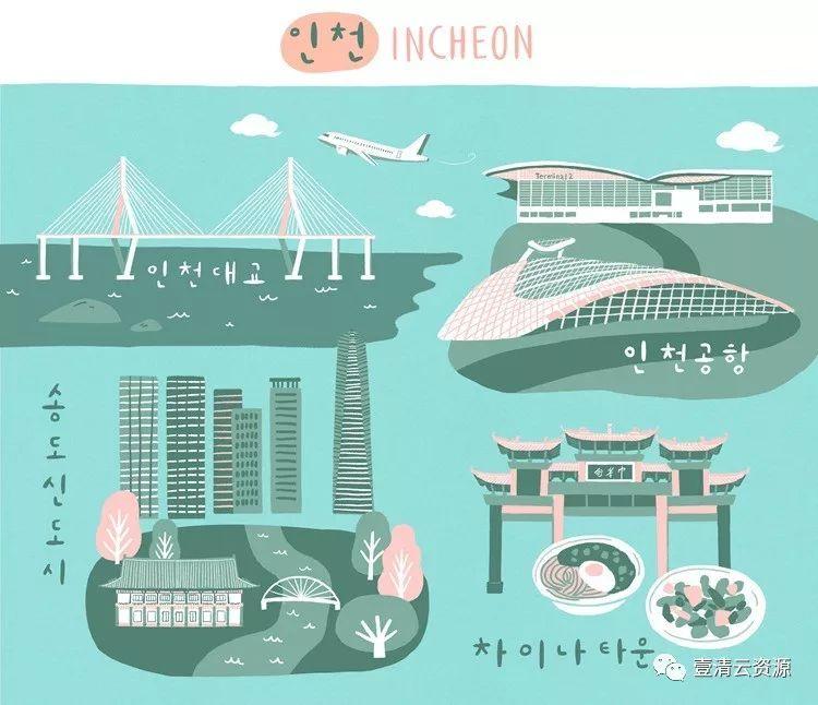 【S0426】【素材】韩国旅游首尔广州釜山济州岛景点手绘插画海报旅行地图PS设计素材