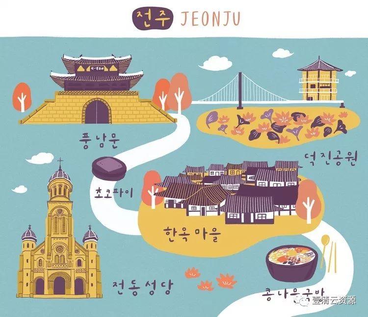 【S0426】【素材】韩国旅游首尔广州釜山济州岛景点手绘插画海报旅行地图PS设计素材