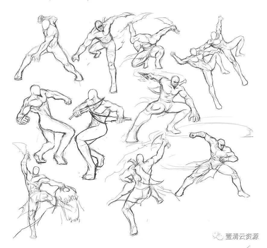 【S0431】【素材】人体动态结构武打姿势速写线稿JPG设计素材源文件