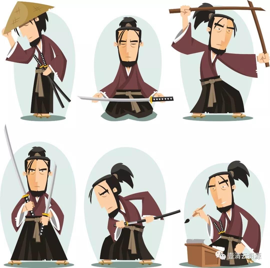 【S0440】【素材】卡通古代中国日本男女人物士兵将军关羽忍者花木兰形象矢量图素材
