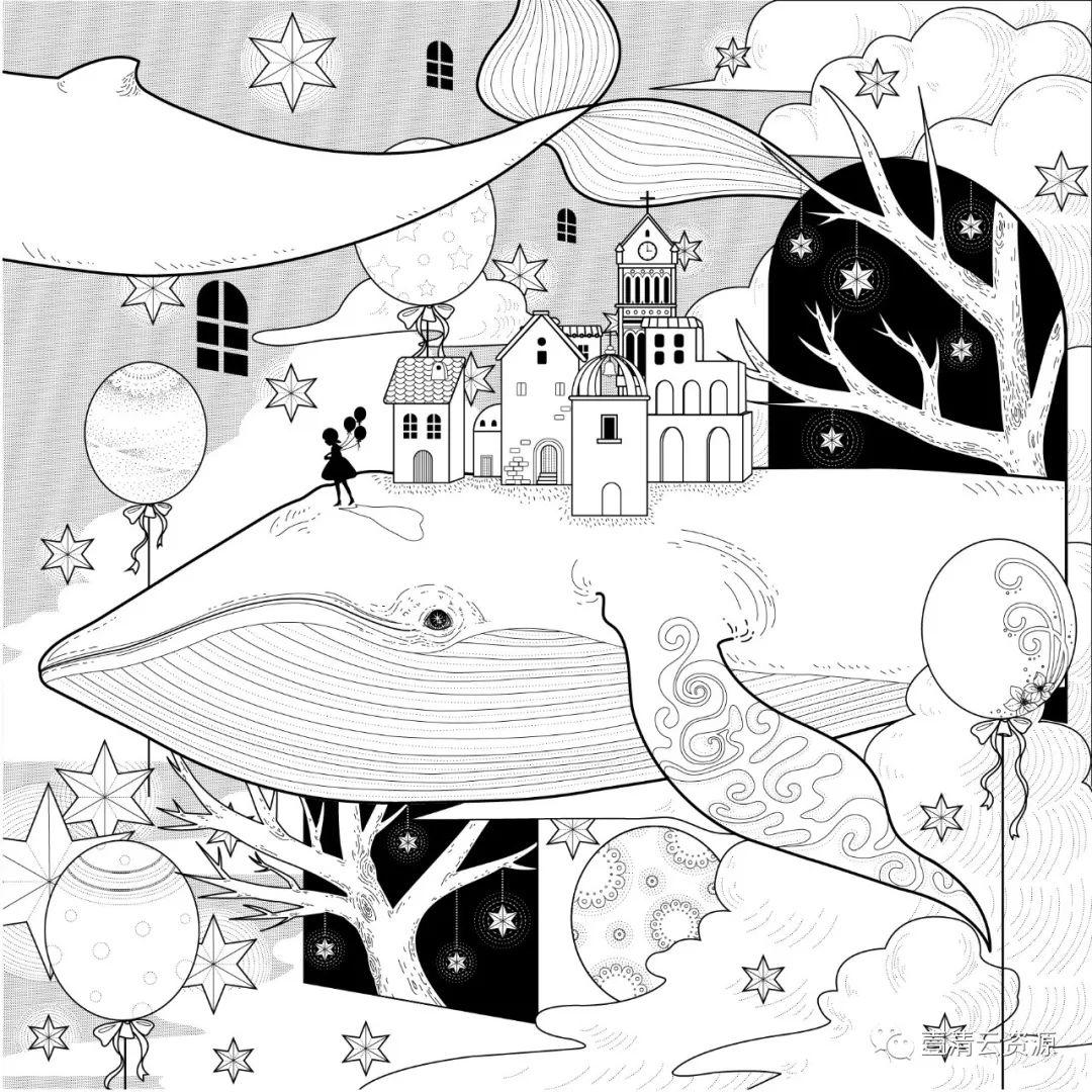【S0471】【素材】时尚手绘线稿黑白插画动物人物独角兽马鲸鱼背景装饰矢量图片素材