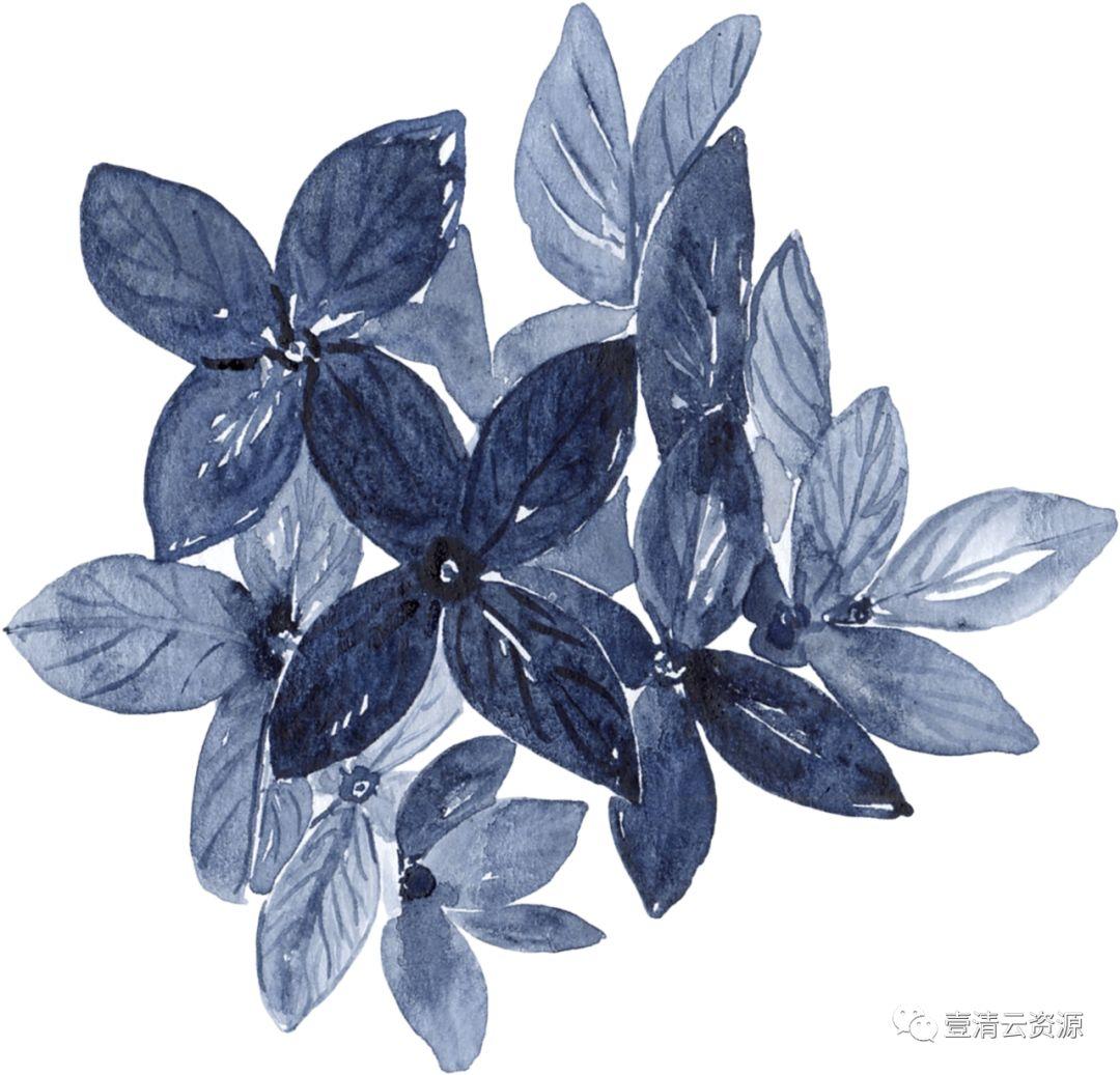 【S0524】【素材】水彩手绘靛蓝色花卉PNG免抠图金色边框JPG晕染PS素材