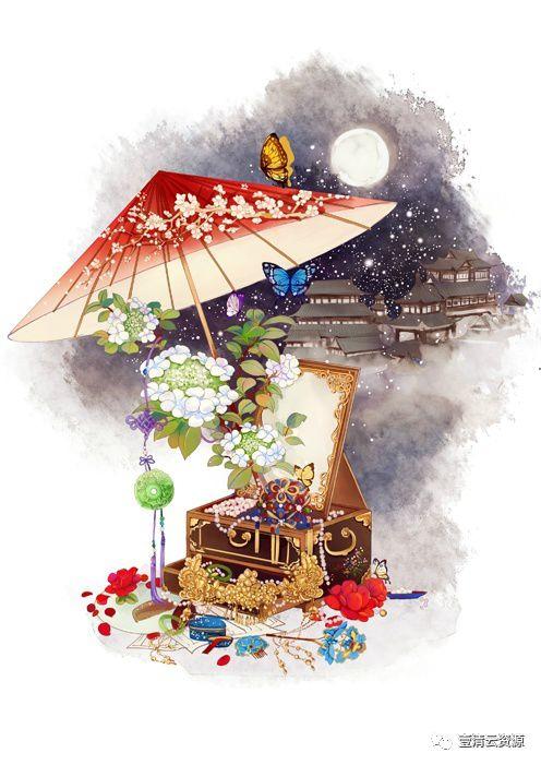 【S0533】【素材】桃花复古插画花瓣花朵枝叶雨伞油画PNG免抠设计素材源文件