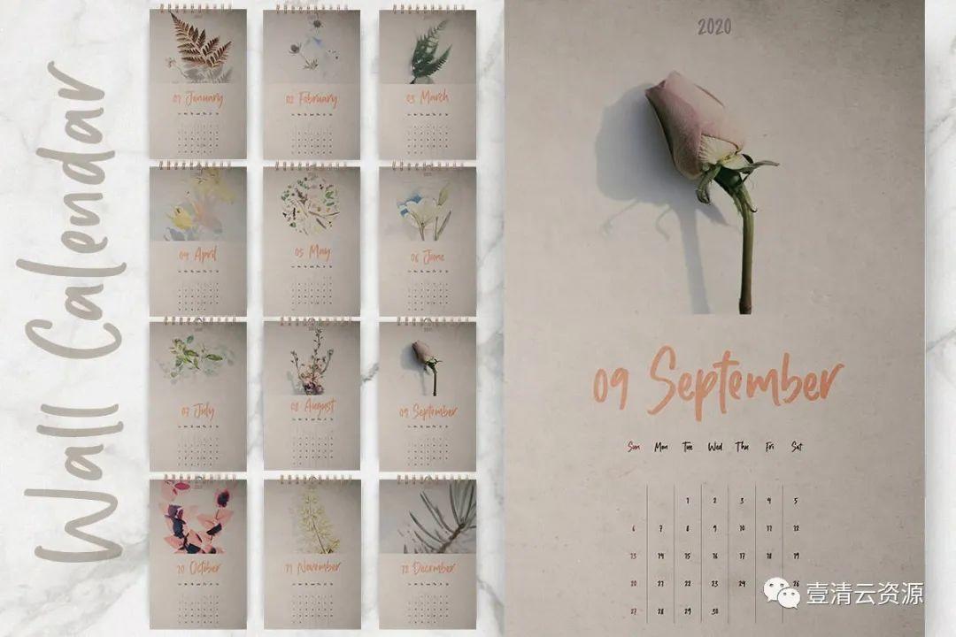 【S0724】【素材】2020年植物花卉图案挂墙日历设计模板 INDD设计素材源文件