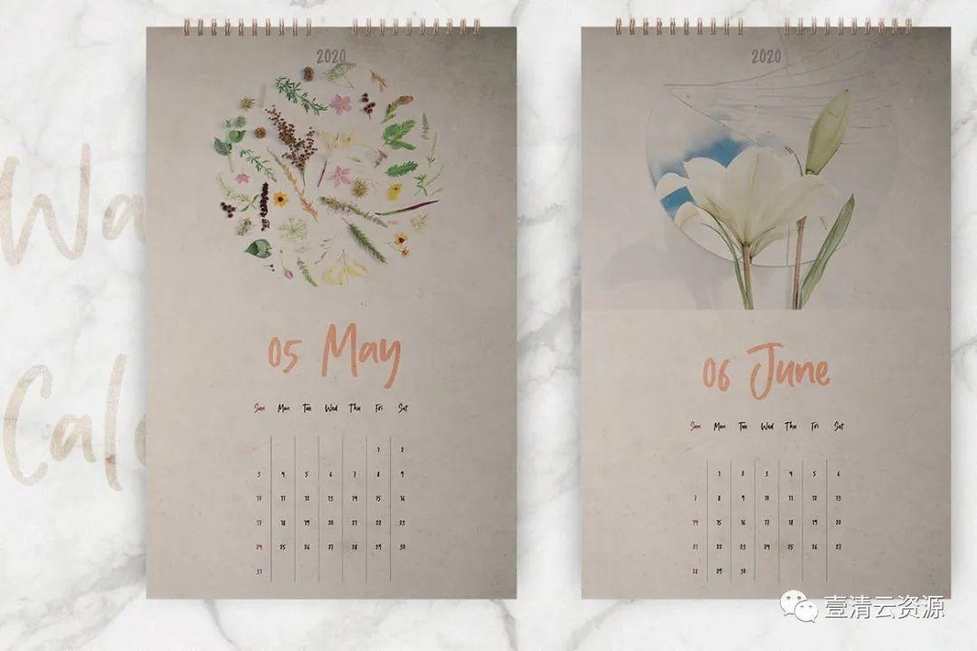 【S0724】【素材】2020年植物花卉图案挂墙日历设计模板 INDD设计素材源文件