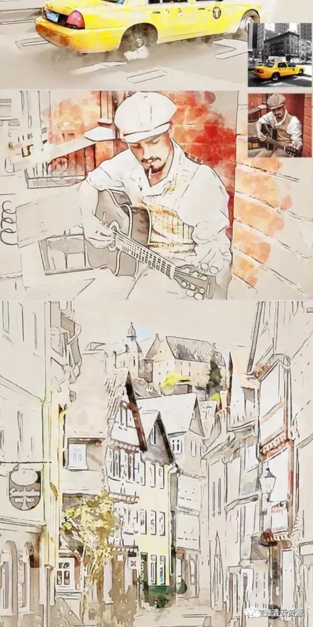 【A014】【动作】PS动作城市建筑水彩混合艺术画效果水彩手绘插画制作设计素材