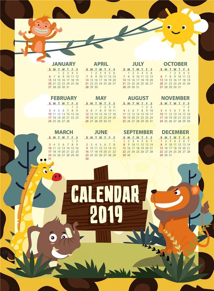 【S1089】【素材】卡通可爱动物扁平化2019日历挂历EPS矢量AI格式PSD分层模板