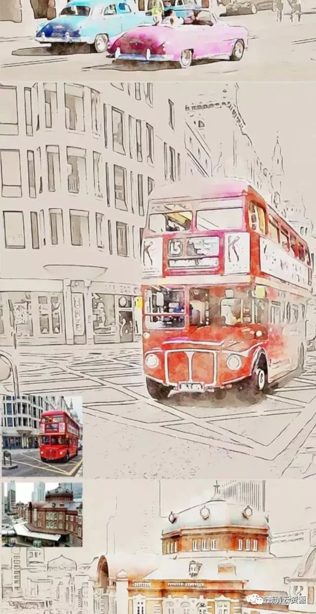 【A014】【动作】PS动作城市建筑水彩混合艺术画效果水彩手绘插画制作设计素材