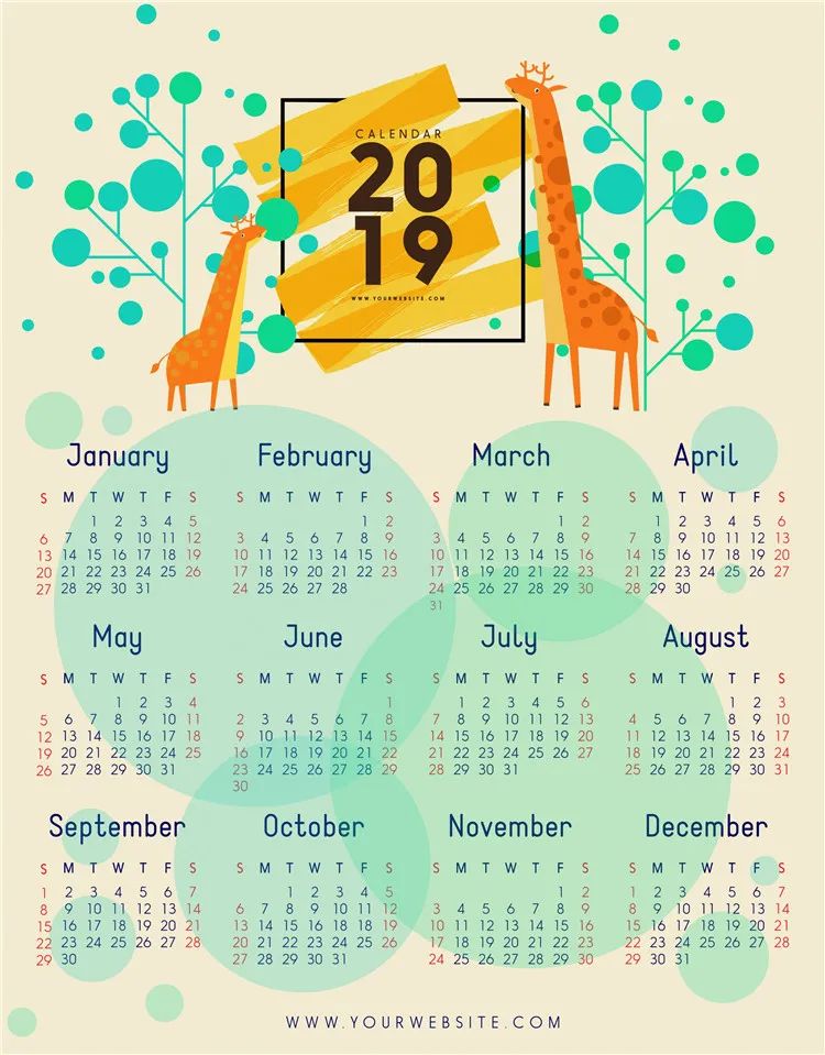 【S1089】【素材】卡通可爱动物扁平化2019日历挂历EPS矢量AI格式PSD分层模板