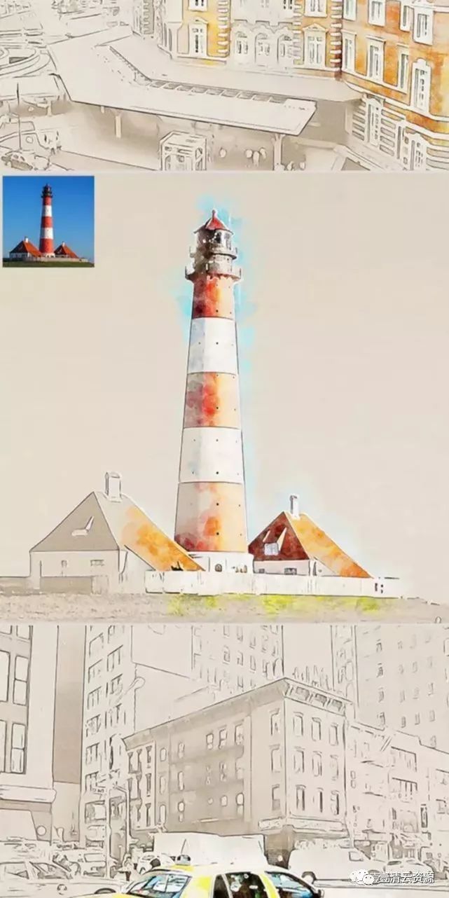 【A014】【动作】PS动作城市建筑水彩混合艺术画效果水彩手绘插画制作设计素材