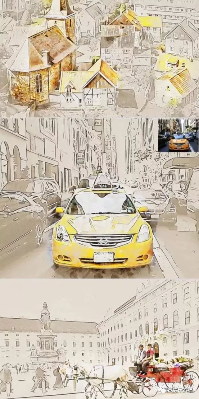 【A014】【动作】PS动作城市建筑水彩混合艺术画效果水彩手绘插画制作设计素材