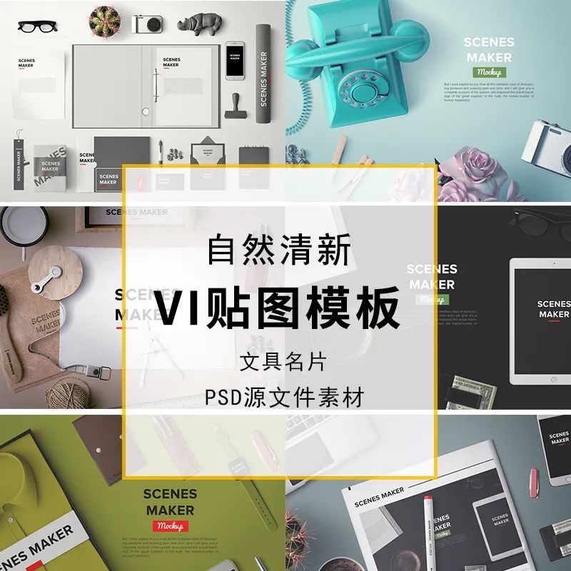 【S1034】【素材】自然清新简约文具书籍名片模板 传单VI贴图样机PSD设计素材