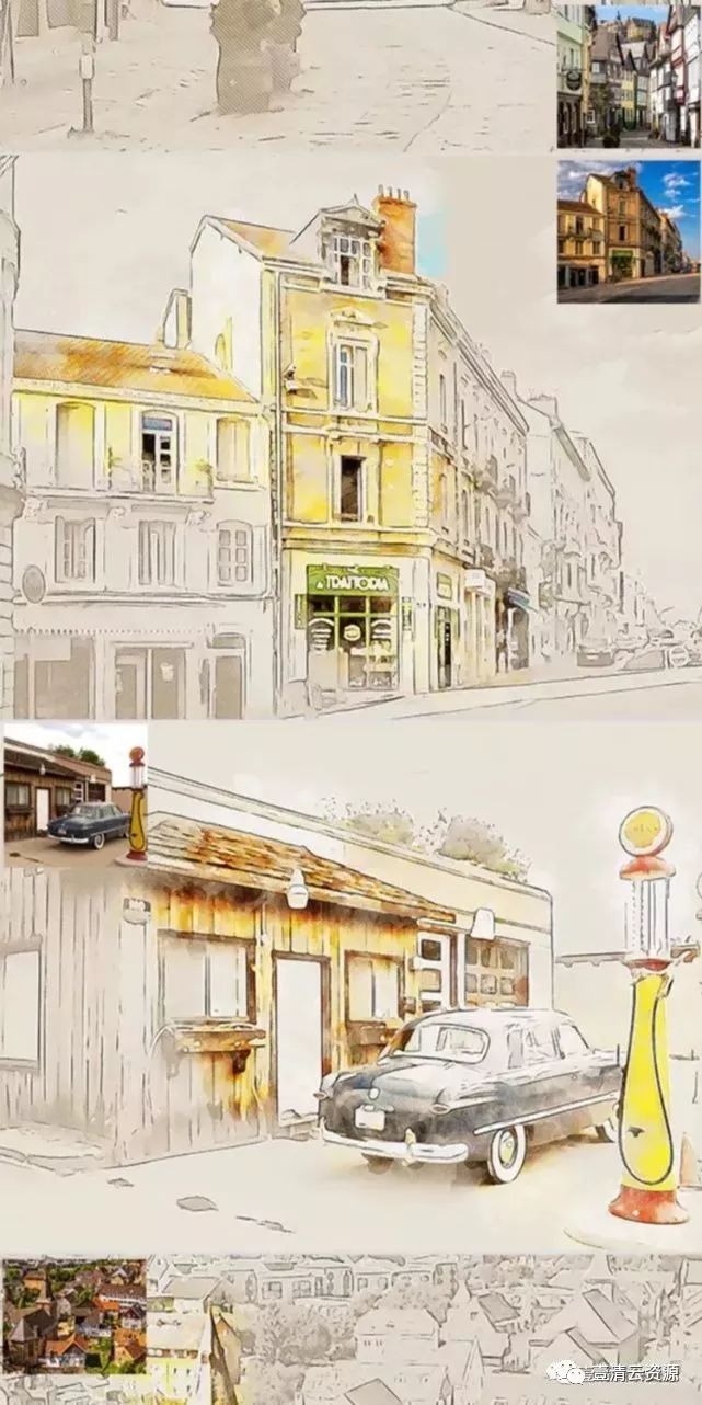 【A014】【动作】PS动作城市建筑水彩混合艺术画效果水彩手绘插画制作设计素材