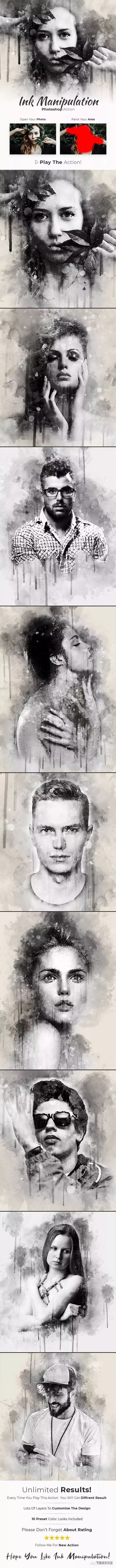 【A007】【动作】人物肖像混合墨水素描效果PS动作