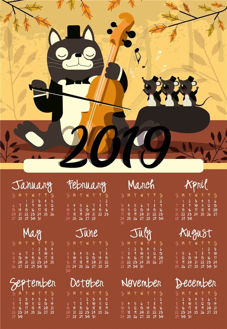 【S1089】【素材】卡通可爱动物扁平化2019日历挂历EPS矢量AI格式PSD分层模板