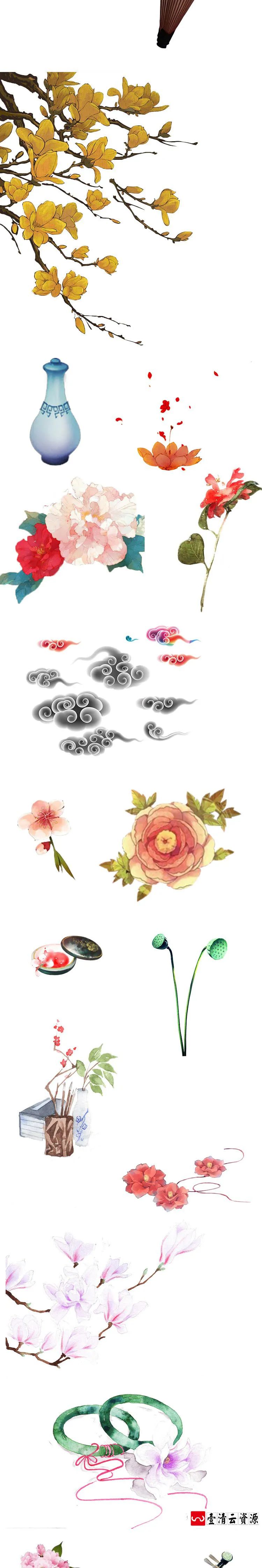 【S1258】【素材】古典唯美中国古风写意水墨工笔画 png免扣花鸟鱼虫元素素材