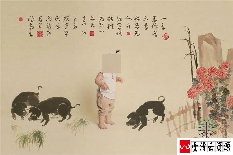 【S1475】【素材】新年春节中国风儿童年味工笔画影楼摄影分层设计PSD模板素材