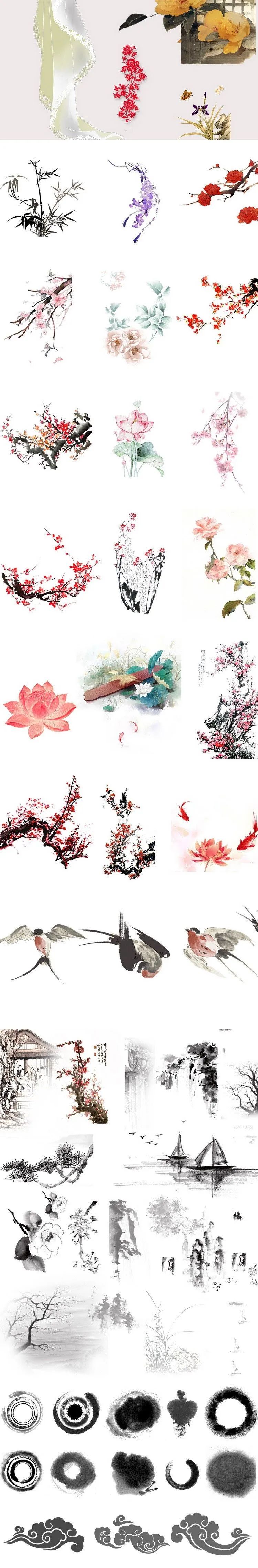 【S1235】【素材】古韵中国风水墨山水花鸟祥云复古元素 PSD古典PS设计素材新