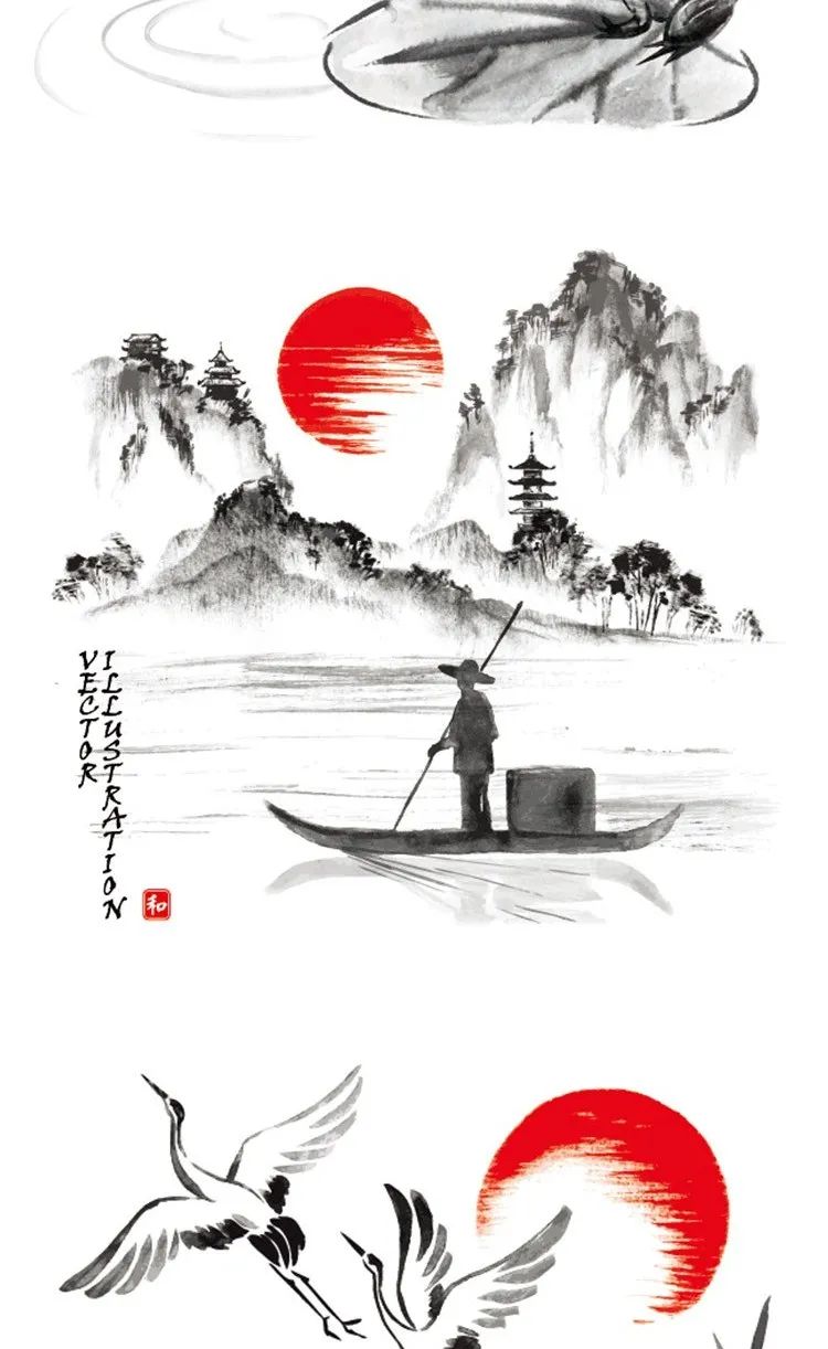 【S1264】【素材】古韵复古中国风水墨灯笼类素材 荷花日出红场景EPS矢量设计