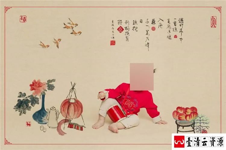 【S1475】【素材】新年春节中国风儿童年味工笔画影楼摄影分层设计PSD模板素材