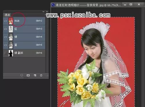 PS教程：使用通道给纯色背景中的新娘婚纱照换喜庆大红花朵背景