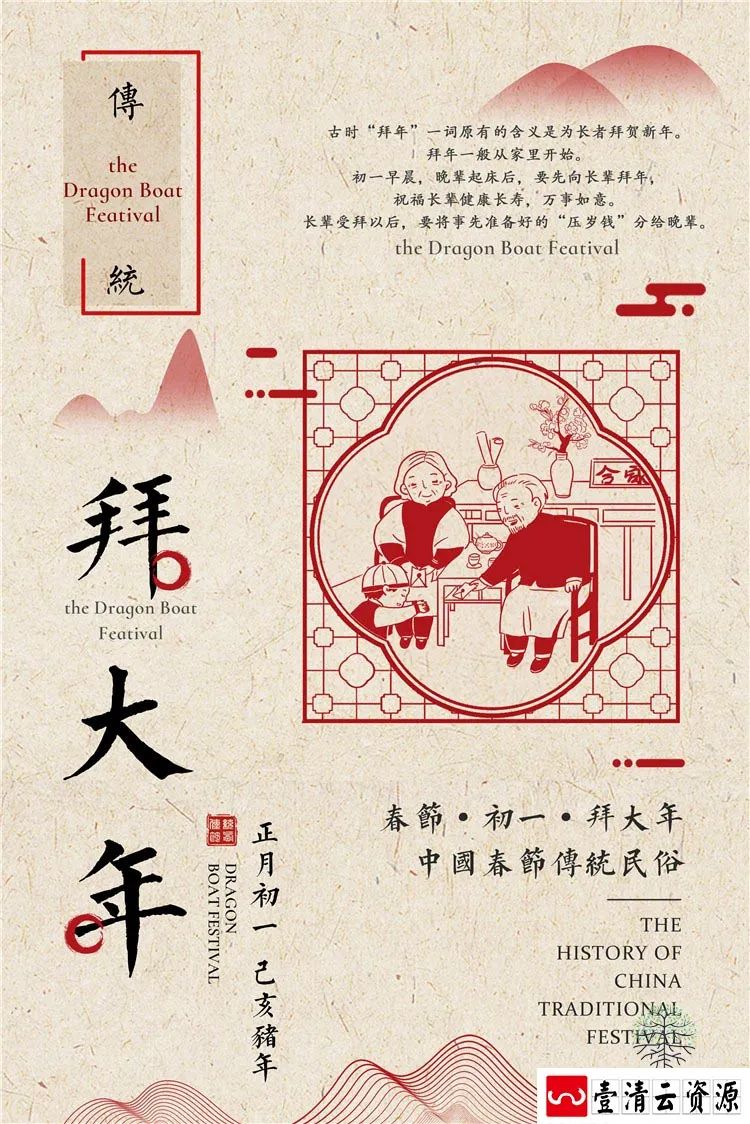 【S1403】【素材】春节新年农历海报合集初一至初七背景分层设计PSD模板素材