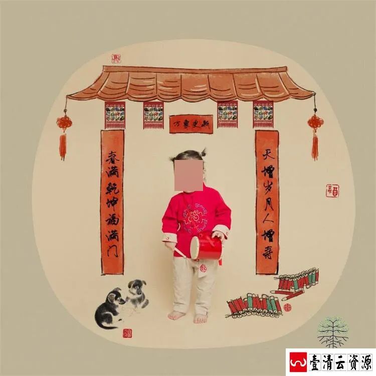 【S1475】【素材】新年春节中国风儿童年味工笔画影楼摄影分层设计PSD模板素材
