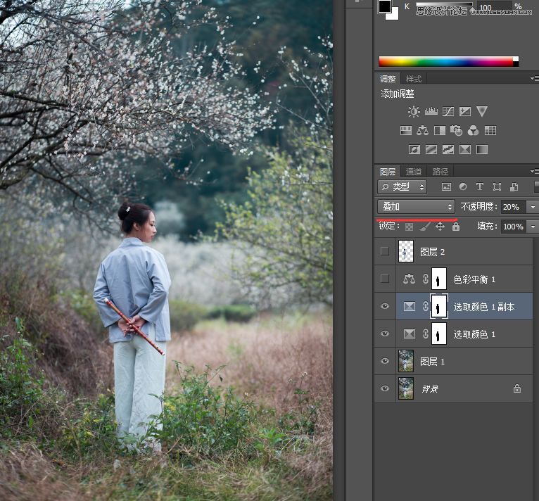 PS教程：调出外景梅花人像唯美冷色效果