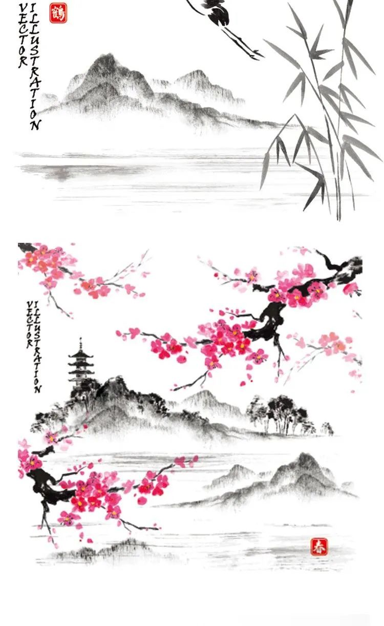 【S1264】【素材】古韵复古中国风水墨灯笼类素材 荷花日出红场景EPS矢量设计