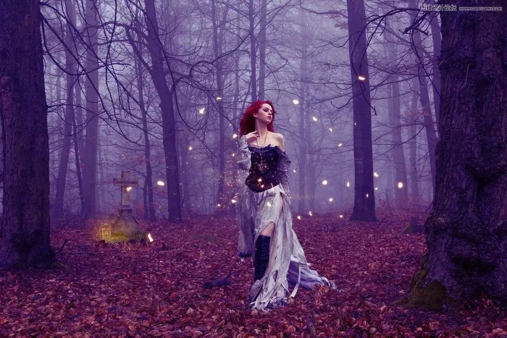 PS教程：合成紫色魔法森林美女人像场景
