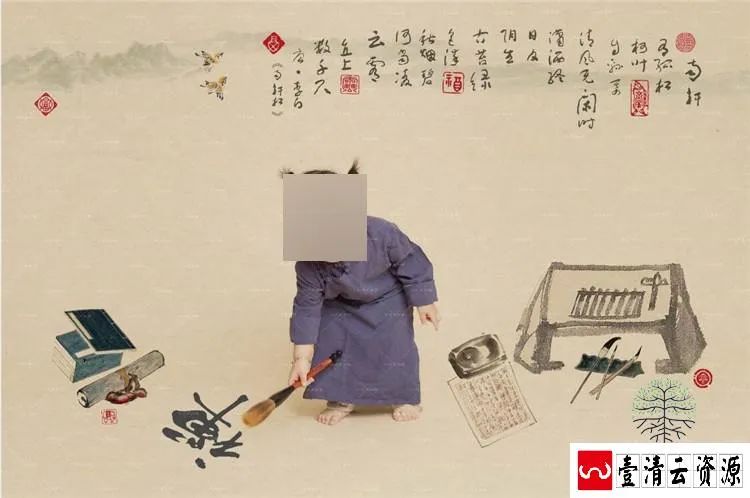 【S1475】【素材】新年春节中国风儿童年味工笔画影楼摄影分层设计PSD模板素材
