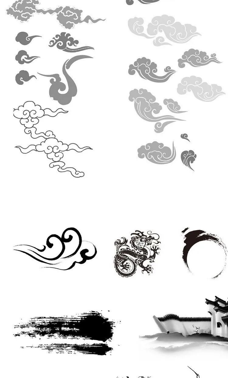 【S1235】【素材】古韵中国风水墨山水花鸟祥云复古元素 PSD古典PS设计素材新