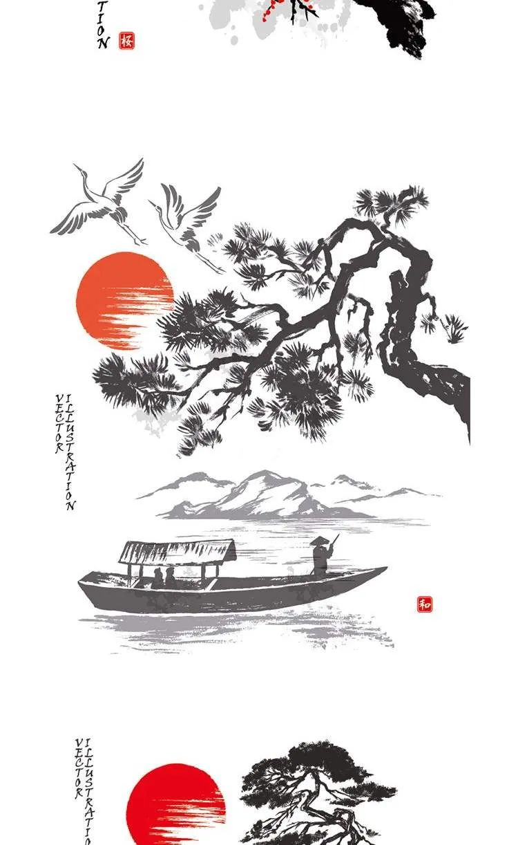 【S1264】【素材】古韵复古中国风水墨灯笼类素材 荷花日出红场景EPS矢量设计