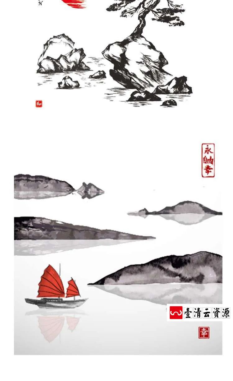 【S1264】【素材】古韵复古中国风水墨灯笼类素材 荷花日出红场景EPS矢量设计