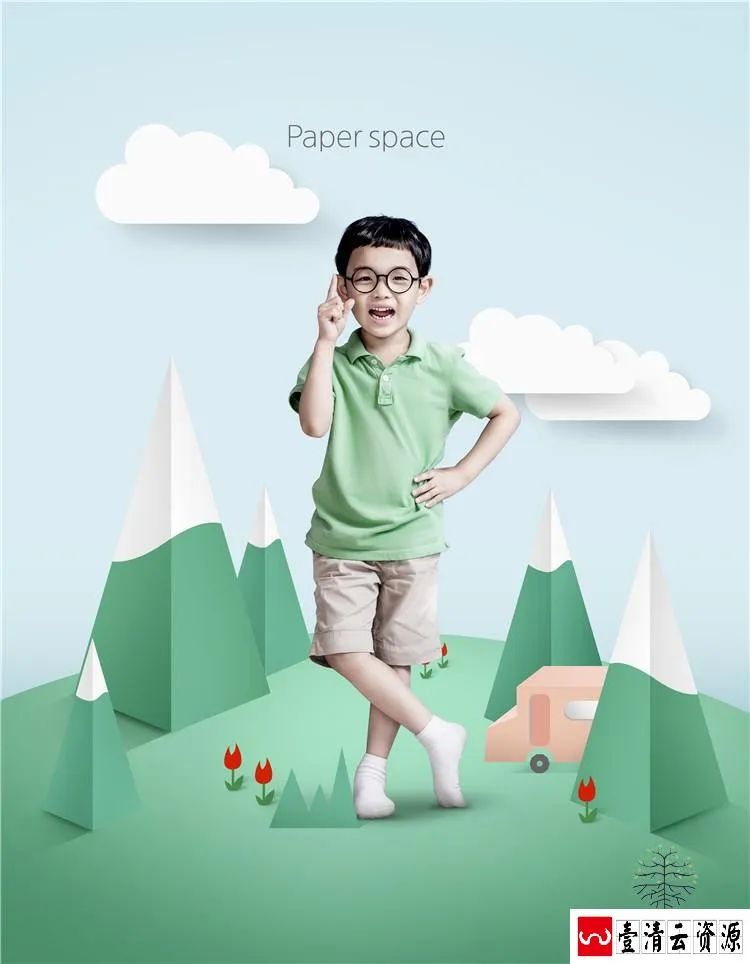 【S1616】【素材】创意折纸儿童写真模板折纸剪纸PSD摄影楼3D抠图背景分层素材