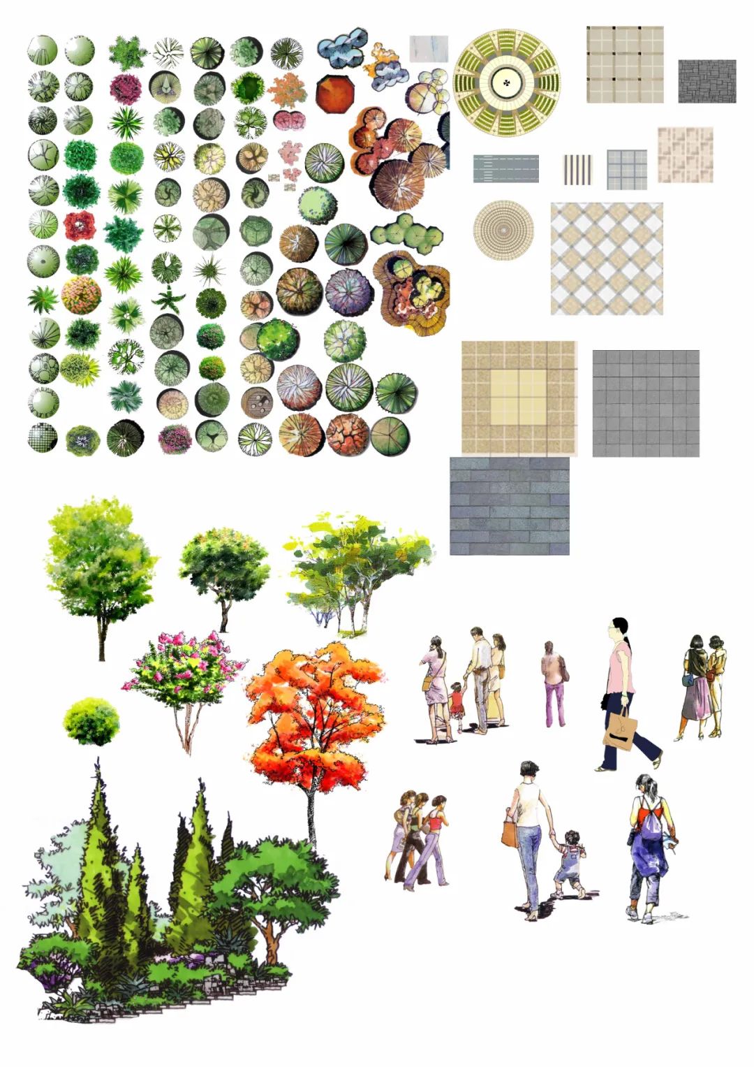 【S1745】【素材】园林景观后期彩色平面图PSD素材人物植物手绘辅装立面设计效果图